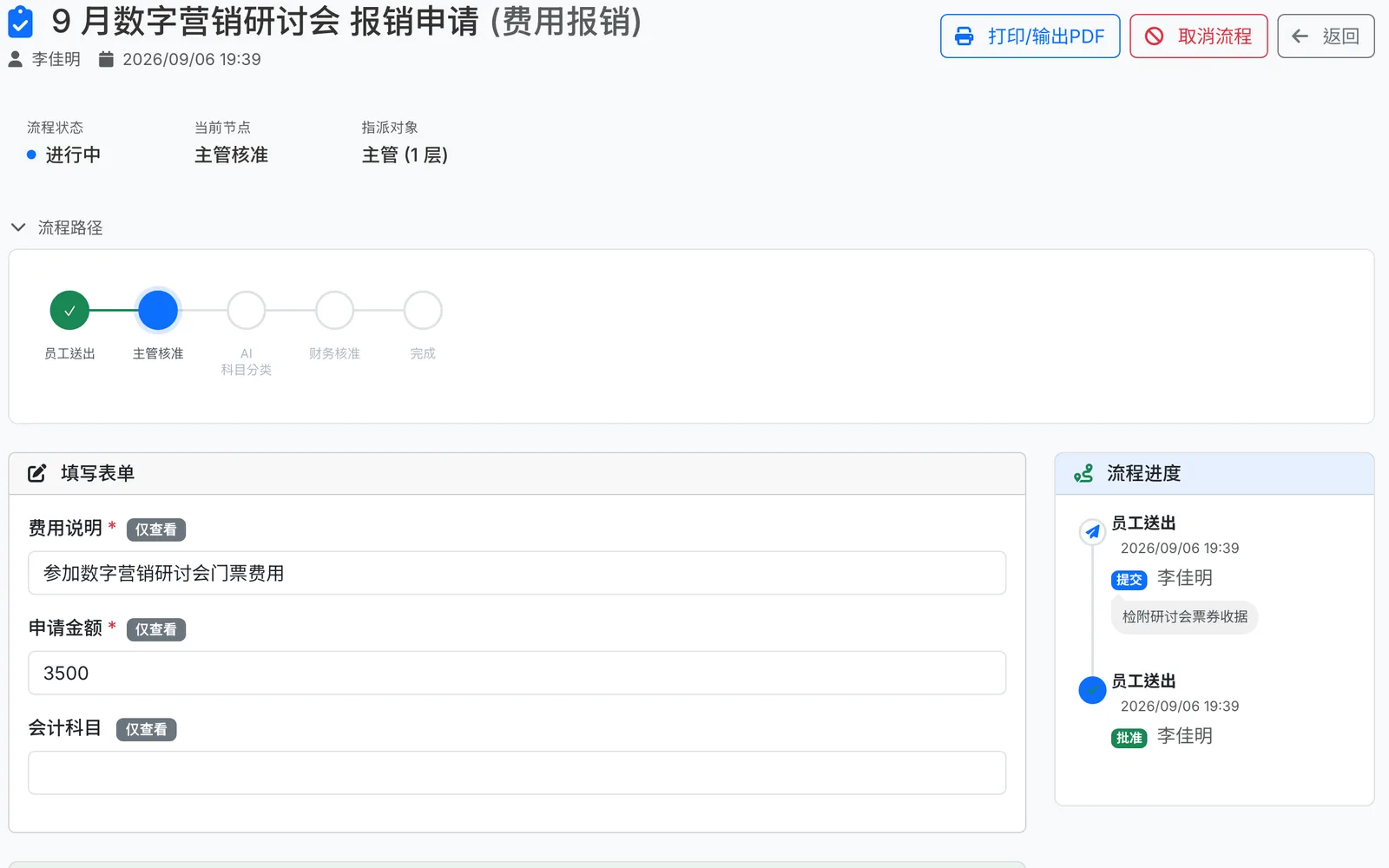 kikuflow 流程进行中的画面:看得到每一关的负责人,其中一关由 AI 执行