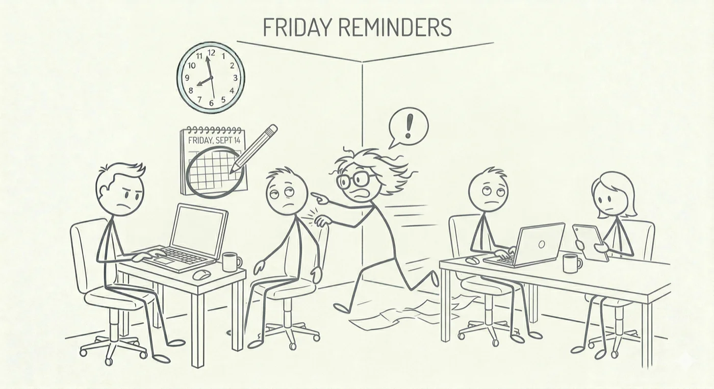 person frantically reminding colleagues every Friday